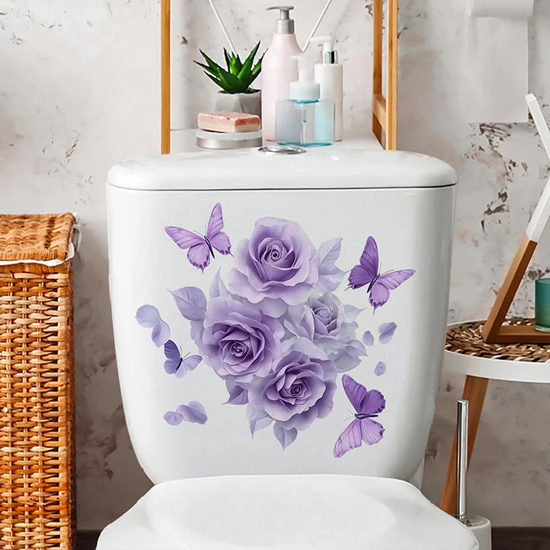 Bathroom Toilet Sticker Modern Minimalist Purple Flower Butterfly Pattern Self-adhesive Paintings For Bathroom Living Decoration