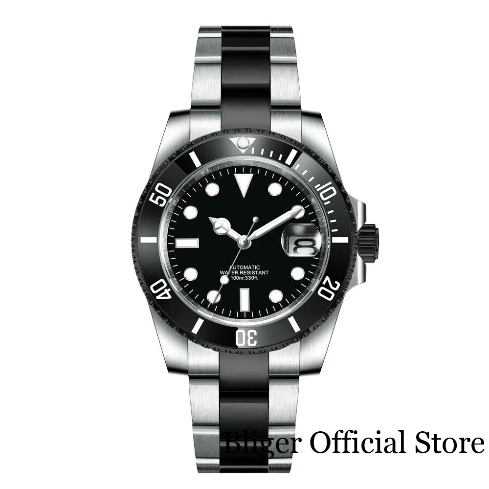 BLIGER Nologo New 24 Jewels NH35A Selfwinding Automatic Black/Silver Two Tone Mens Watch Screw Crown Ceramics Bezel