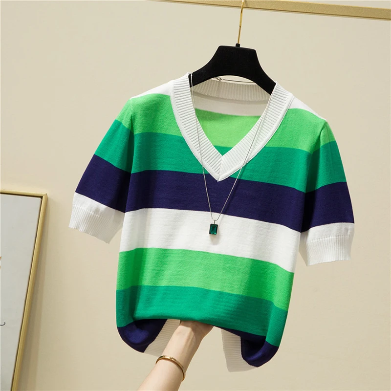 

Thin Striped Knitted T Shirt Women V Neck Short Sleeve Tshirt 2022 Summer Tops Tee Shirt Femme Womens Clothing Camisetas Mujer