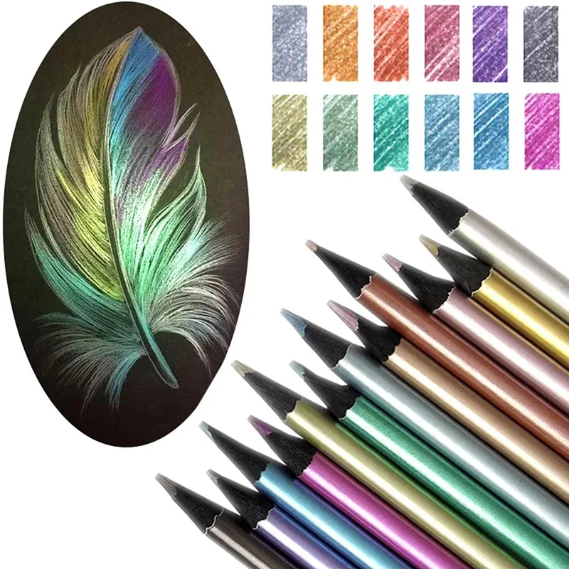 12-Farben-Metallic-Bleistift, farbiger Zeichenstift, Skizzenstift, Malerei, Buntstift, Schul- und Bürobedarf, Kunst-Briefpapier