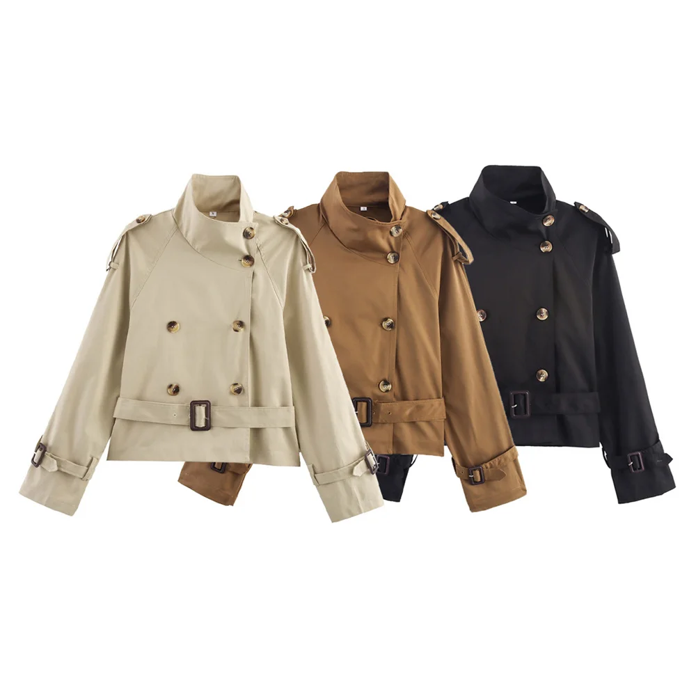

Autumn and winter new women's casual temperament simple stand up collar with belt double breasted short windbreaker