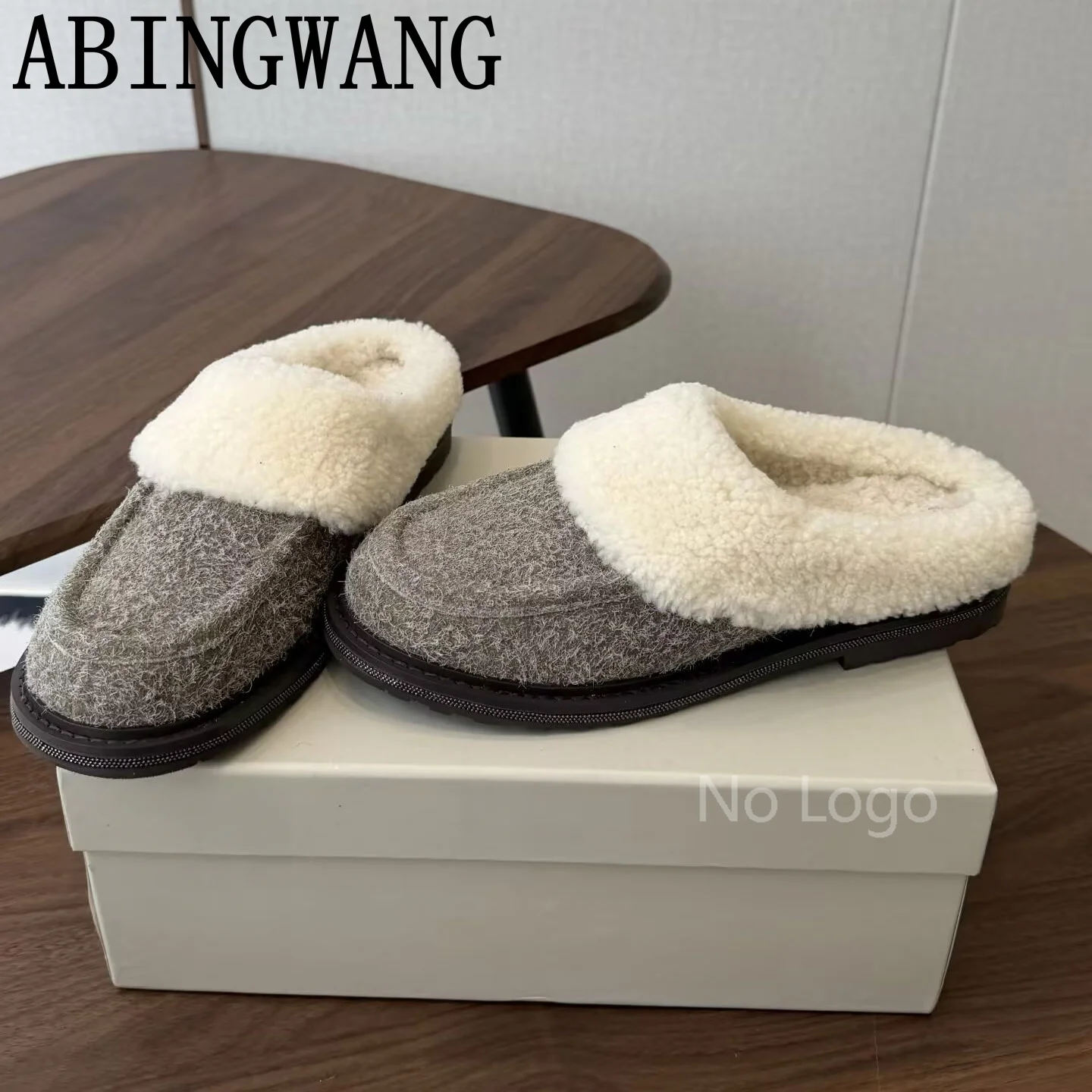 2026 Winter New Suede Leather Inside Fur Half Plush Slippers Slip On Round Toe Casual Ladies Slides Daily Warm Shoes For Women