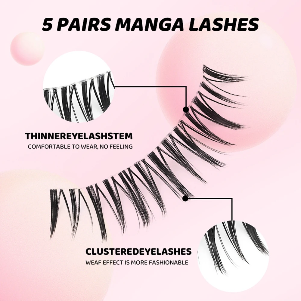 5 Pairs Whole Strip Manga Lashes Soft Natural Long False Eyelashes Transparent Stem Fake Eyelash Design DIY Extension