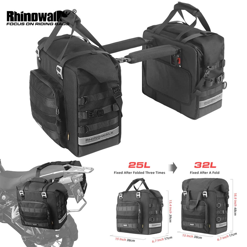 Rhinowalk Motorcycle Side Bag 2PS Waterproof Saddle 25L-32L Expandable Pannier Bag Quick Release 3D Shape Motorbike Storage Bag