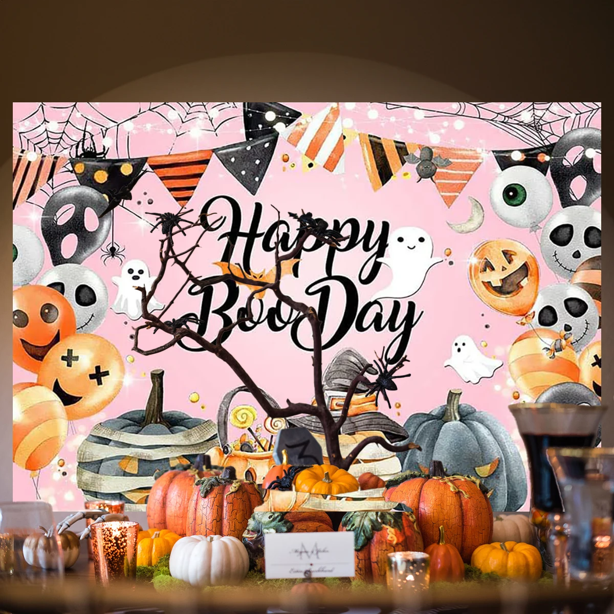 Happy Halloween Backdrop Pink Pumpkin Moon Night Kids Children Adult Dressed Up Birthday Photography Background Party Decor