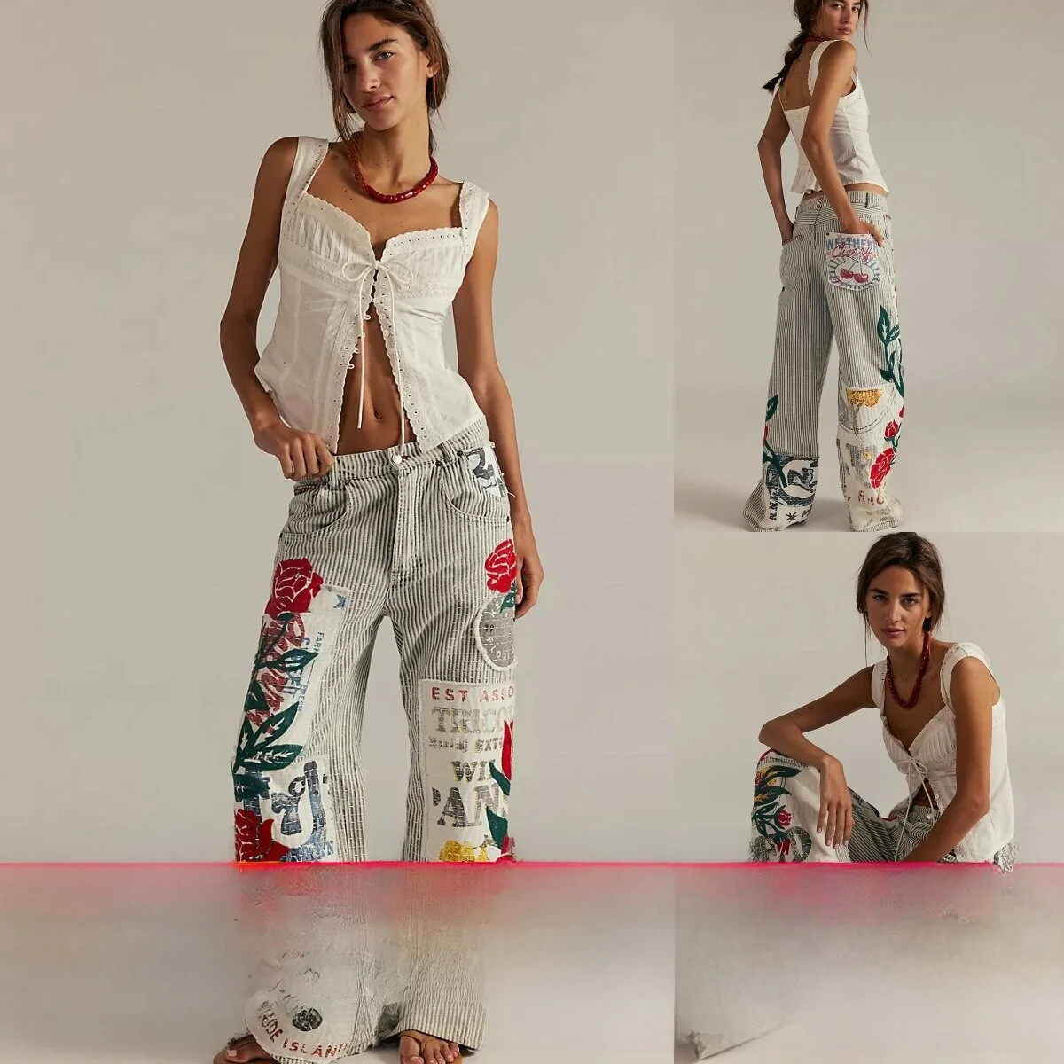 

Женские повседневные брюки на осень-зиму: прямые джинсы с полосатым принтом, средней посадкой, из полиэстера и триацетата