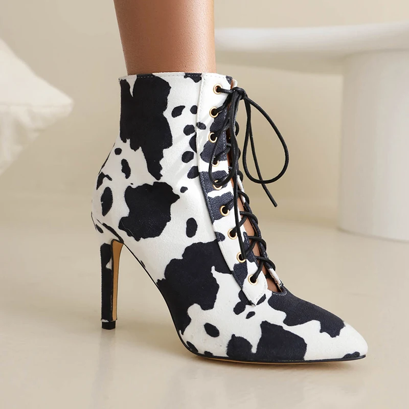 

Plus Size Pointed Head Ultra-High Thin Heel Sexy Leopard Boots Cross Tie Cow Pattern Plush Women's Short Boots With Inner Lining