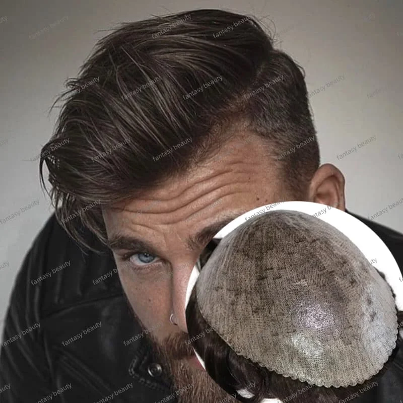 الرجال الشعرية الاصطناعية 0.08 مللي متر سمك بولي PU بولي قاعدة مزدوجة معقود الشعر المستعار شعر طبيعي 100% شعر الإنسان شعر مستعار الذكور الطبيعي # 1ب