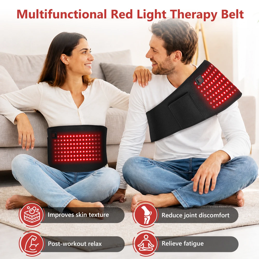 105 LEDs 660nm Red Light Therapy Belt 3 Heating Levels 45-65℃ Wearable Waist Back Massager Pad with Power Bank Pocket 5V 2A