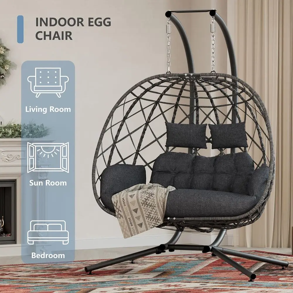 

Double Egg Swing Chair with Stand, 2 Person Outdoor Indoor Hammock Hanging Chair with Cushion for Patio Living Room 650 LBS Cap