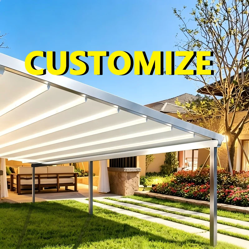 Any Size Custom Outdoor Electric Retractable Awning Aluminum Waterproof Windproof Patio Garden Balcony LED Sun Shade UV Resistan