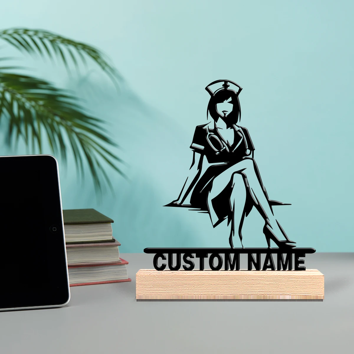 A customized home decoration Nurse Metal Art With Wooden Base Tabletop Decoration A wooden base sports enthusiast gift, perfect