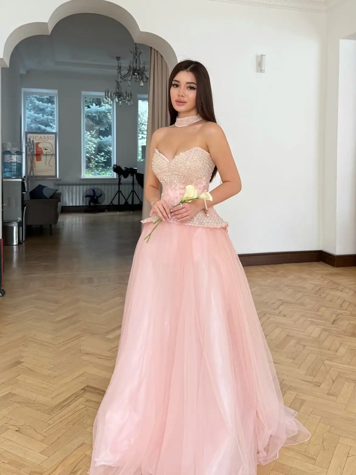 Blush Pink Strapless Sweetheart Ball Gown Beaded Peplum Bodice Tulle Skirt Lace Up Back Long Prom Evening Dress With Matching Ch