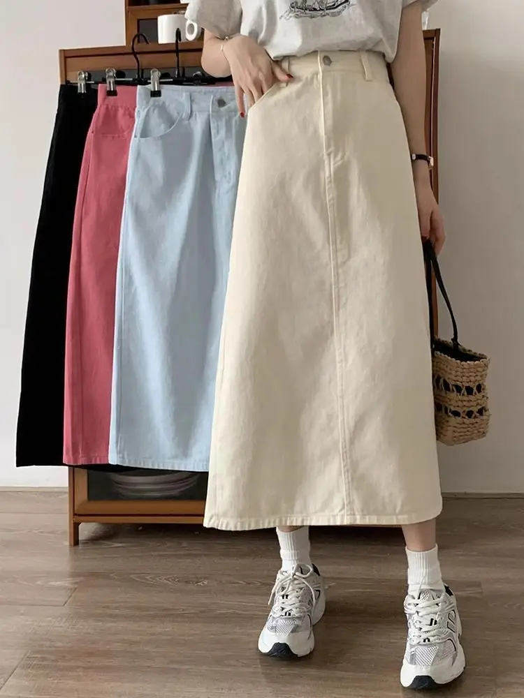 

Джинсовая юбка миди трапециевидной формы с высокой талией для женщин, модная повседневная утягивающая юбка-молния на пуговицах, подходит для подставки