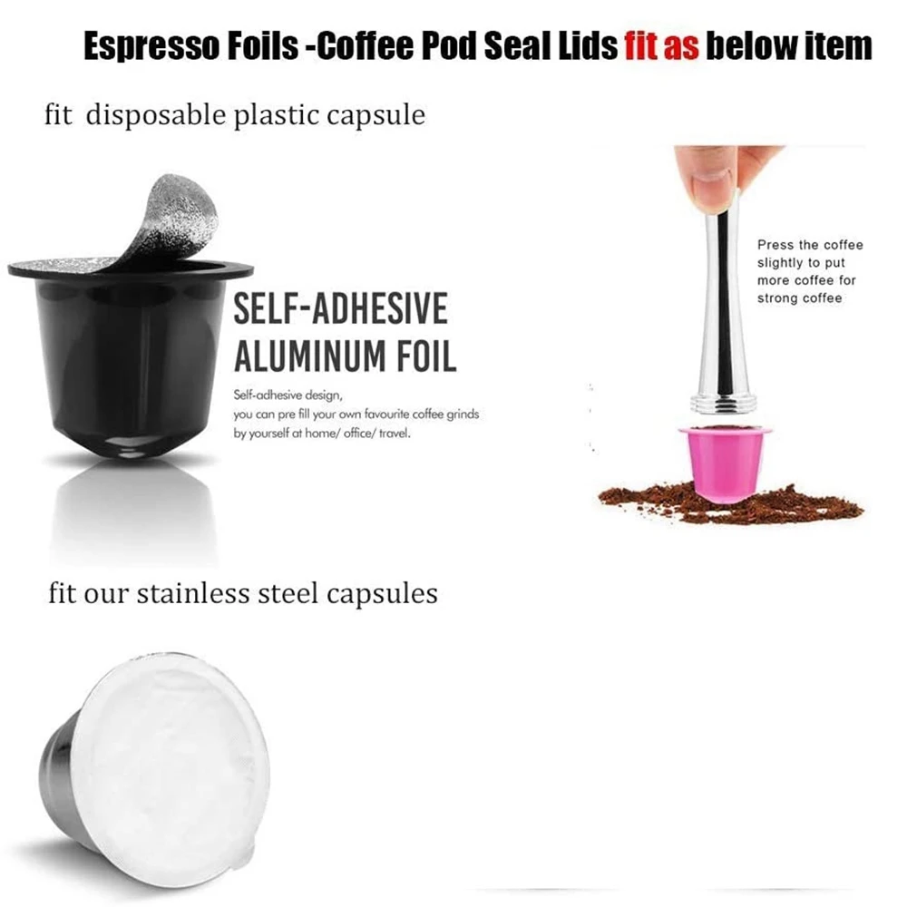 100Pcs Aluminum Foil Lids Aluminum Lids Seals Foil Lids for Nespresso OriginalLine Capsules Coffee Pods with Spoon Brush