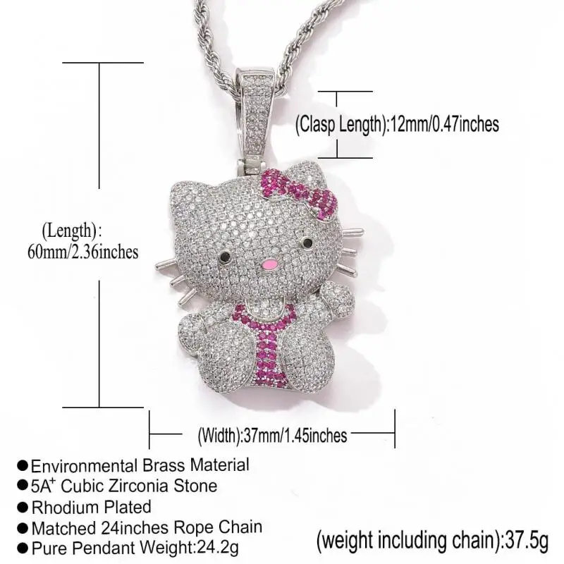 Kawaii Hello Kitty Necklace Hip-Hop Anime Sanrio Diamond Pendant Stainless Steel Twist Chain Men and Girls Explosive Style Gifts