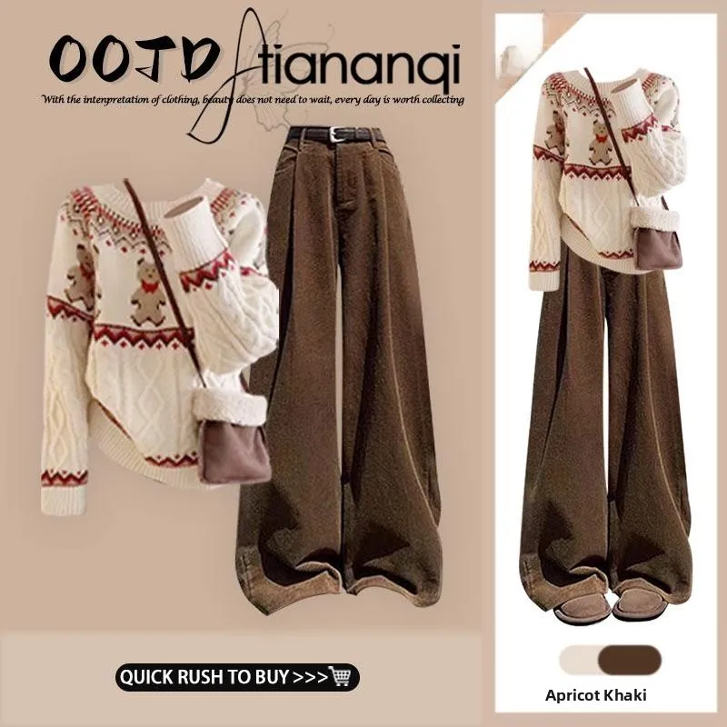 

Women's Autumn Winter Knitted Sweater High Waist Wide Leg Pants round Ne Two Piece Set Comfortable Lazy Flower Pattern