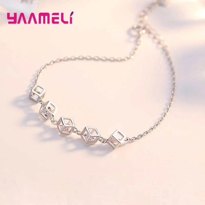 Top Sale Real Pure 925 Sterling Silver Jewelry Gift Set Cube Cubic Zircon Necklace/Earrings/Bracelet/Ring for Wedding Engagement