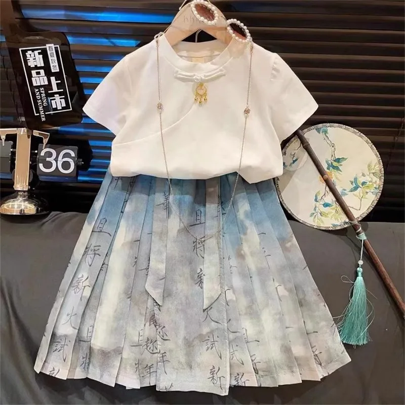 

Girls' Ancient Style Outfit Summer New Fashionable Printed Chinese Style Hanfu Two-Piece Set with Horse-Face Skirt and Top
