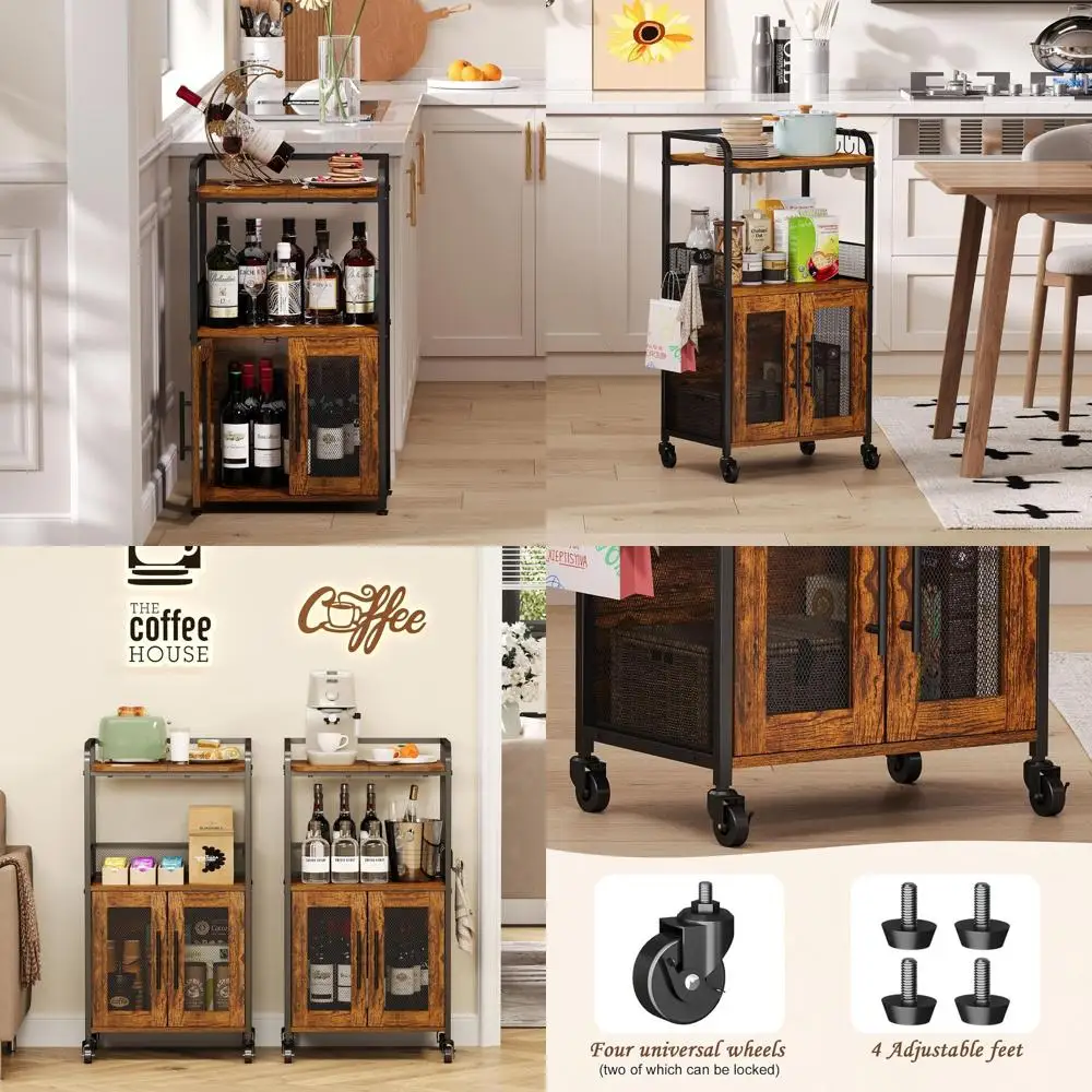 

3-Tier Rustic Rolling Coffee Cart with Storage, Farmhouse Style, Brown for Living & Dining Rooms
