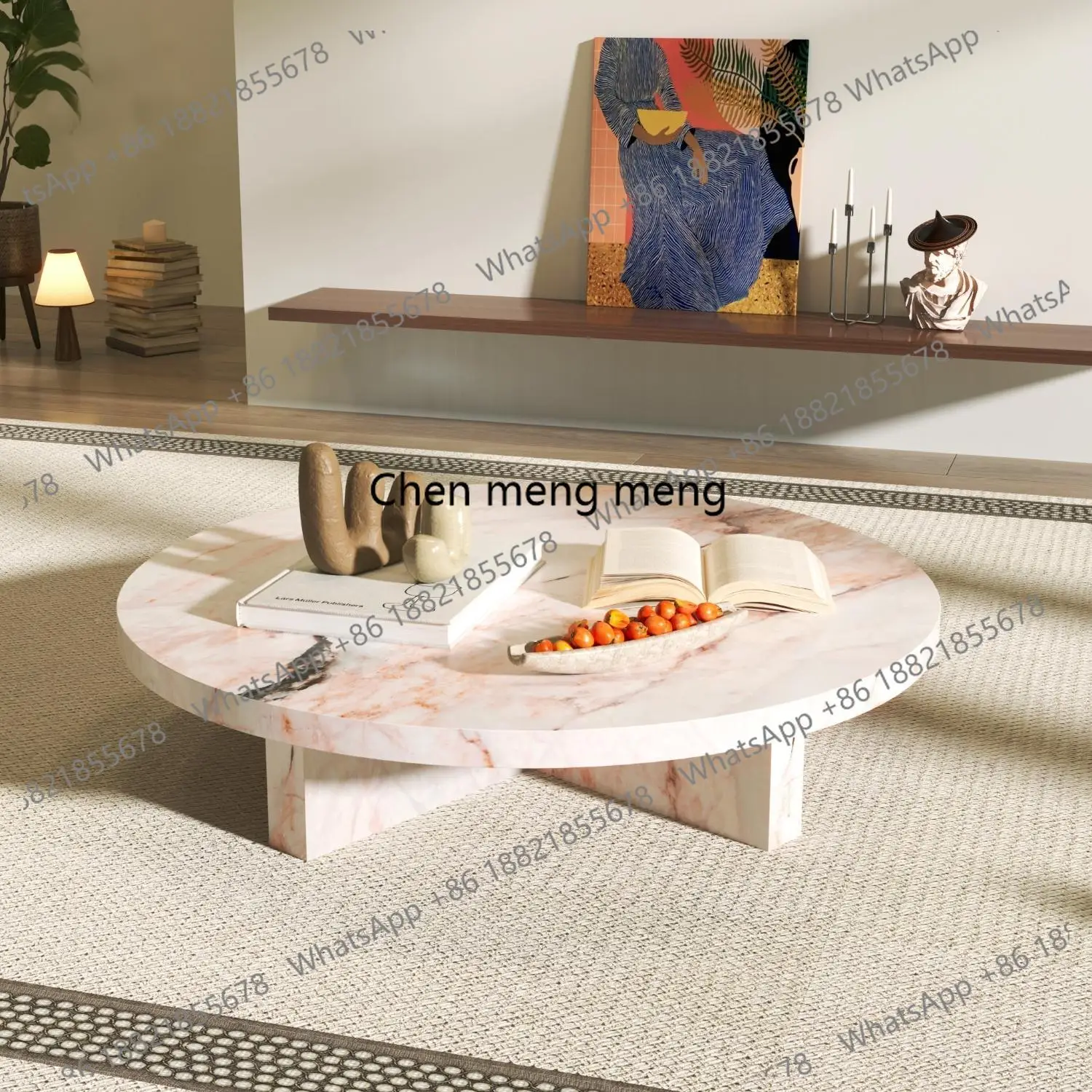 "Pink Jade Round Coffee Table - Luxury Marble Slate Side Table for Spacious Living Room, High-End Stone Tea Table"