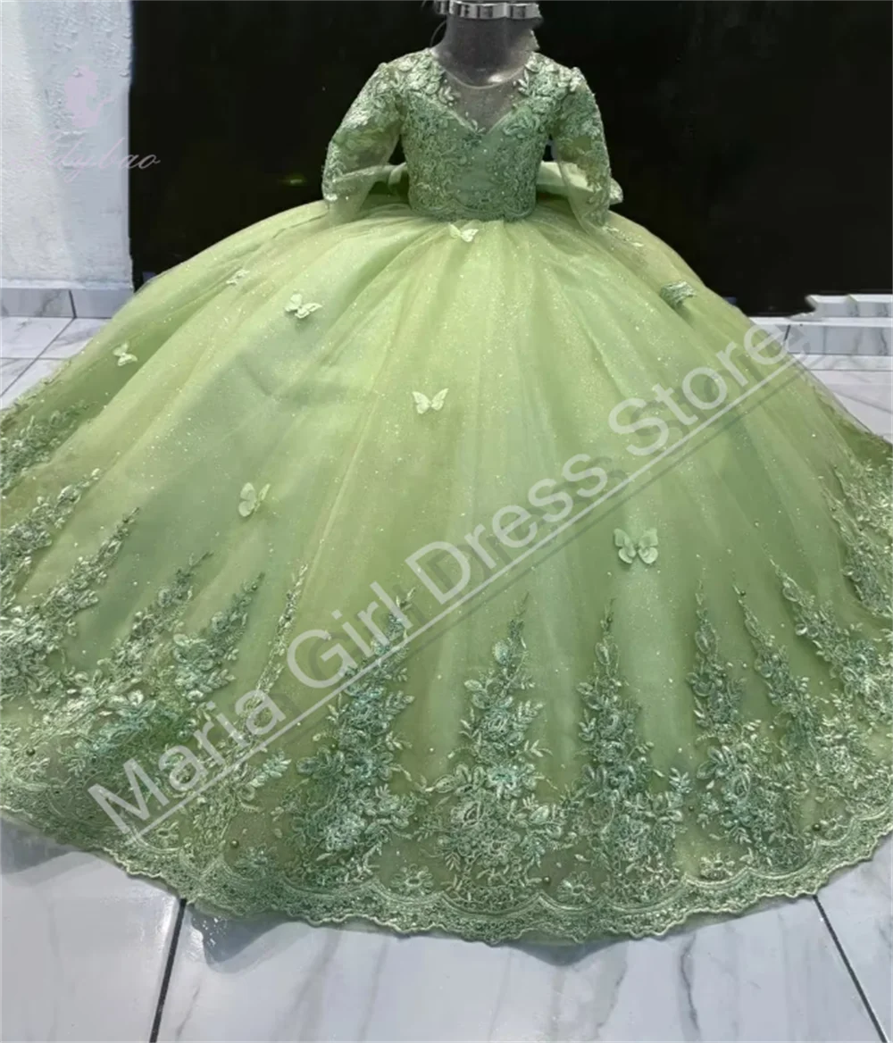 Customized Fluffy Flower Girl Dress For Wedding Lace Appliques Tulle With Train Child Birthday Party First Communion