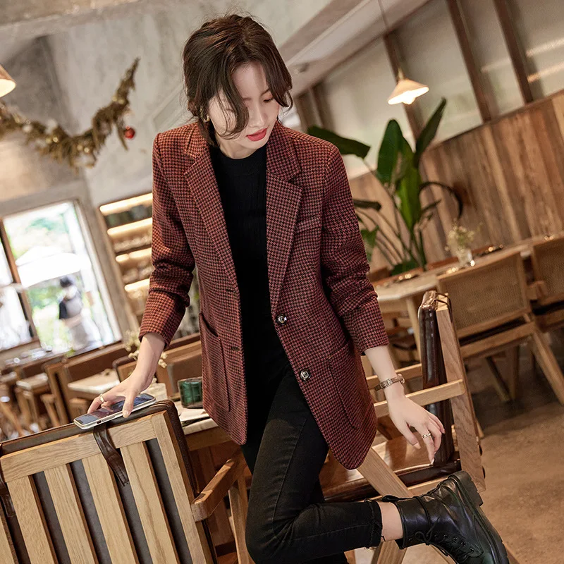 Temperament Houndstooth Suit Jacket Women 2022 Autumn New Retro Green Red Gary Female Blazers