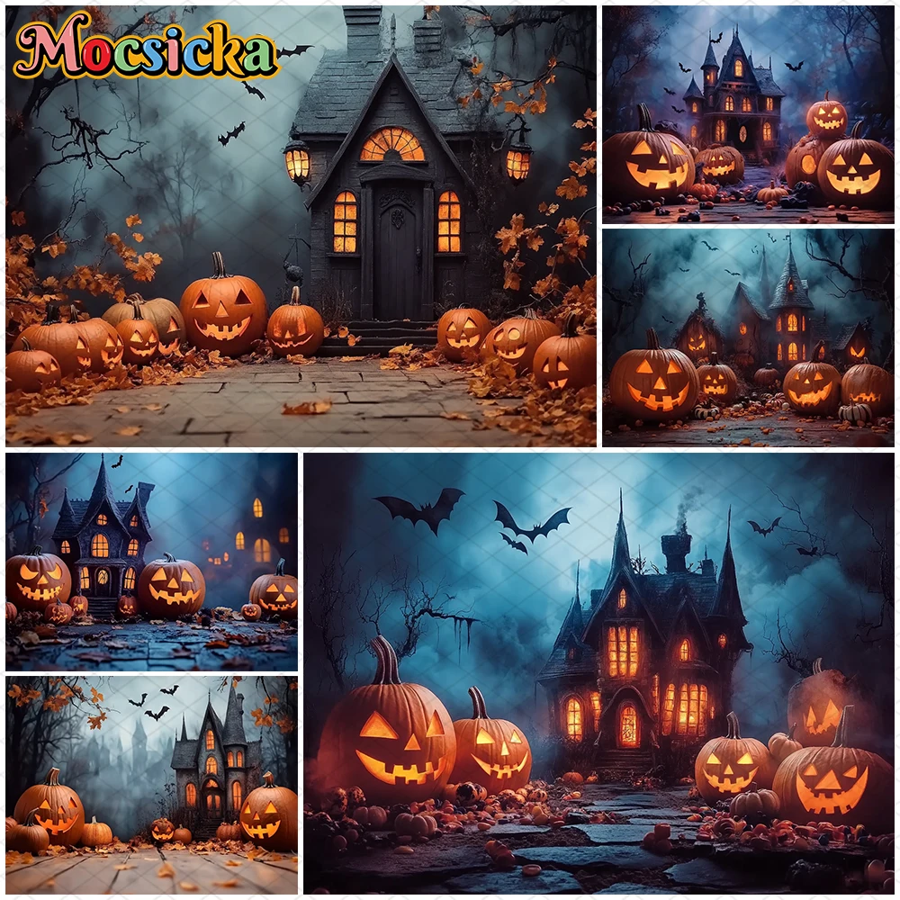 

Mocsicka Halloween Backdrop Night House Forest Bat Jack-O-Lantern Decorations Banner Castle Pumpkin Party Background Photography