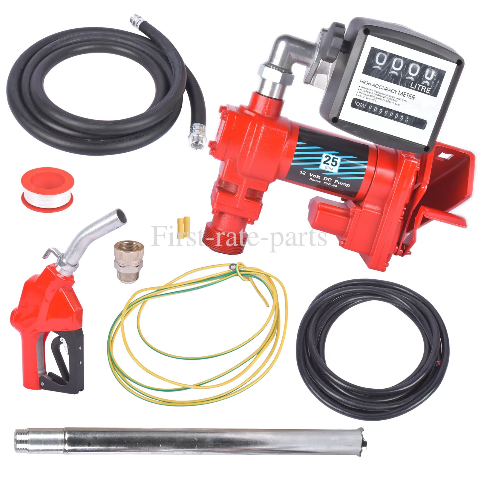 AP03 12V 25GPM Fuel Transfer Pump w/ Hose & Auto Nozzle for Diesel Truck Tractor Red