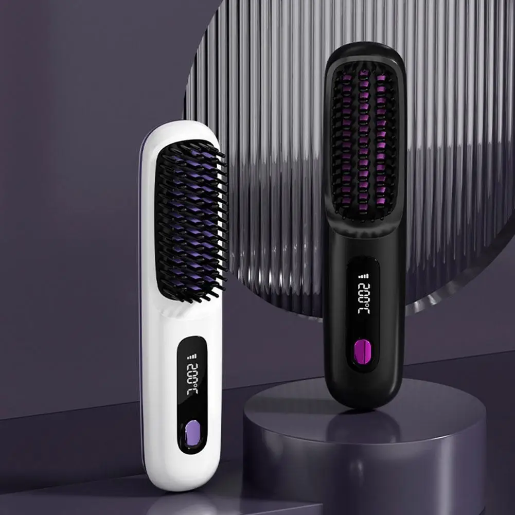 

Electric Hair Straightener Brush Wireless Portable Rechargeable Fast Heating Negative Ion Styling Tool For Fluffy Curly D6W2