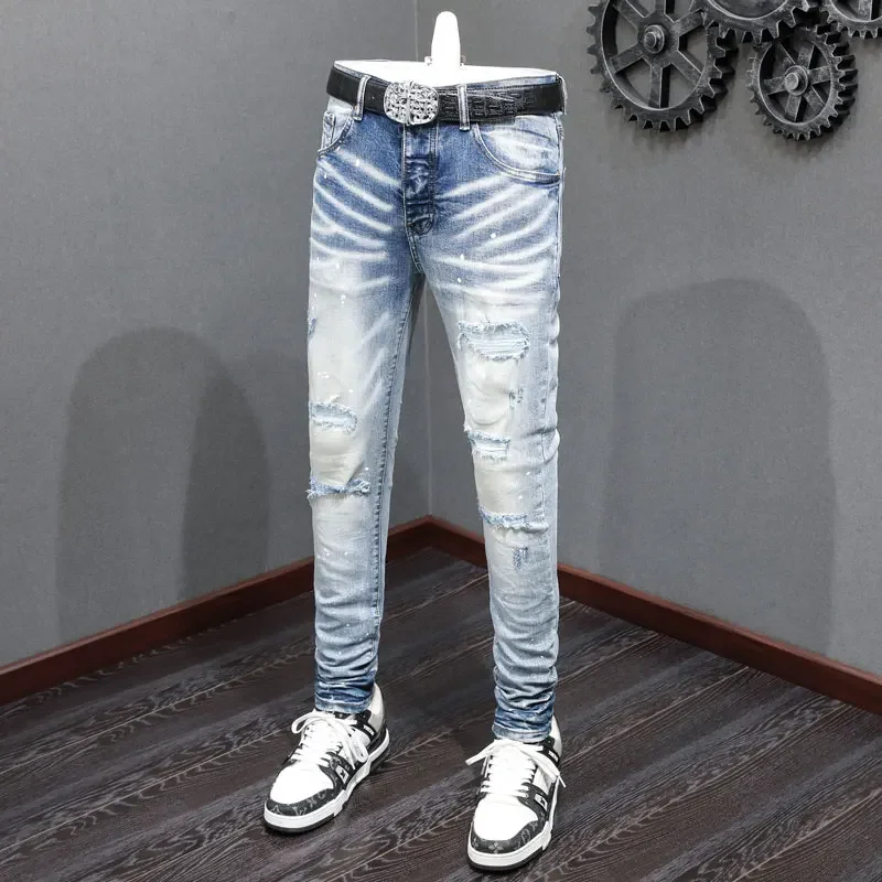 High Street Fashion Men Jeans Retro Light Blue Stretch Skinny Fit Hole Ripped Jeans Men Painted Designer Hip Hop Brand Pants