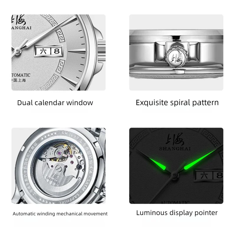 Reloj Shanghai para hombre, reloj mecánico automático, simple, de negocios, con correa de acero, resistente al agua, reloj de zafiro, reloj masculino SH3069