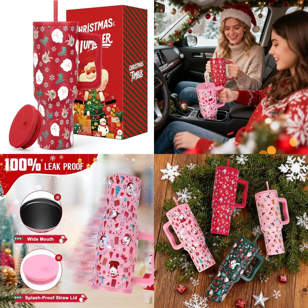 

40oz Insulated Stainless Steel Christmas Tumbler with Handle, Straw, and Lid - Perfect Holiday Gift for Men & Women (Red Santa D