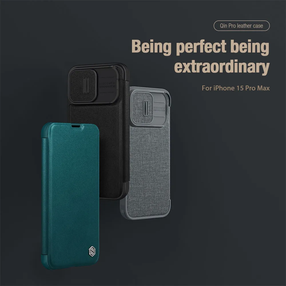 

For Apple iPhone 15 Pro Max/15 Plus Nillkin Qin Pro Leather Case Cloth Ultra Slim Flip Protective Hard Cover