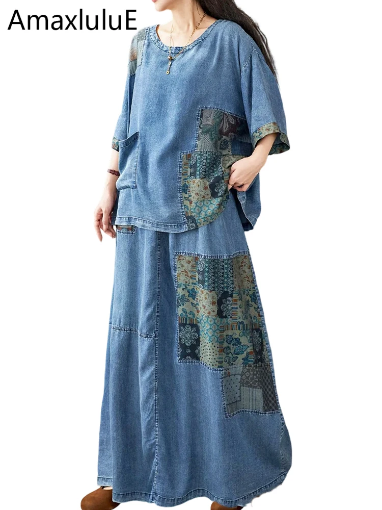 

Amax LuluE Korean Outfits Summer Womens Patchwork Denim Suits Fashion Two Pieces Sets Loose T-shirts O Neck Tops Classic Skirts