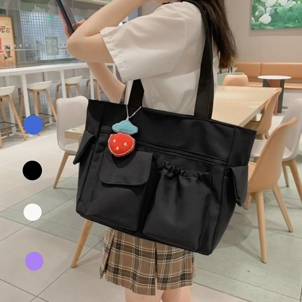 

Nylon Canvas Tote Bag Solid Color with Strawberry Pendant Student School Bag Large Capacity Korean Style Japanese Shoulder Bag