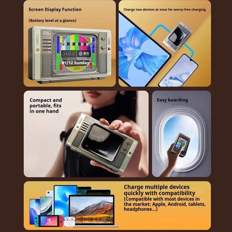 Retro TV Power Bank 10000mAh with Built-in Cable