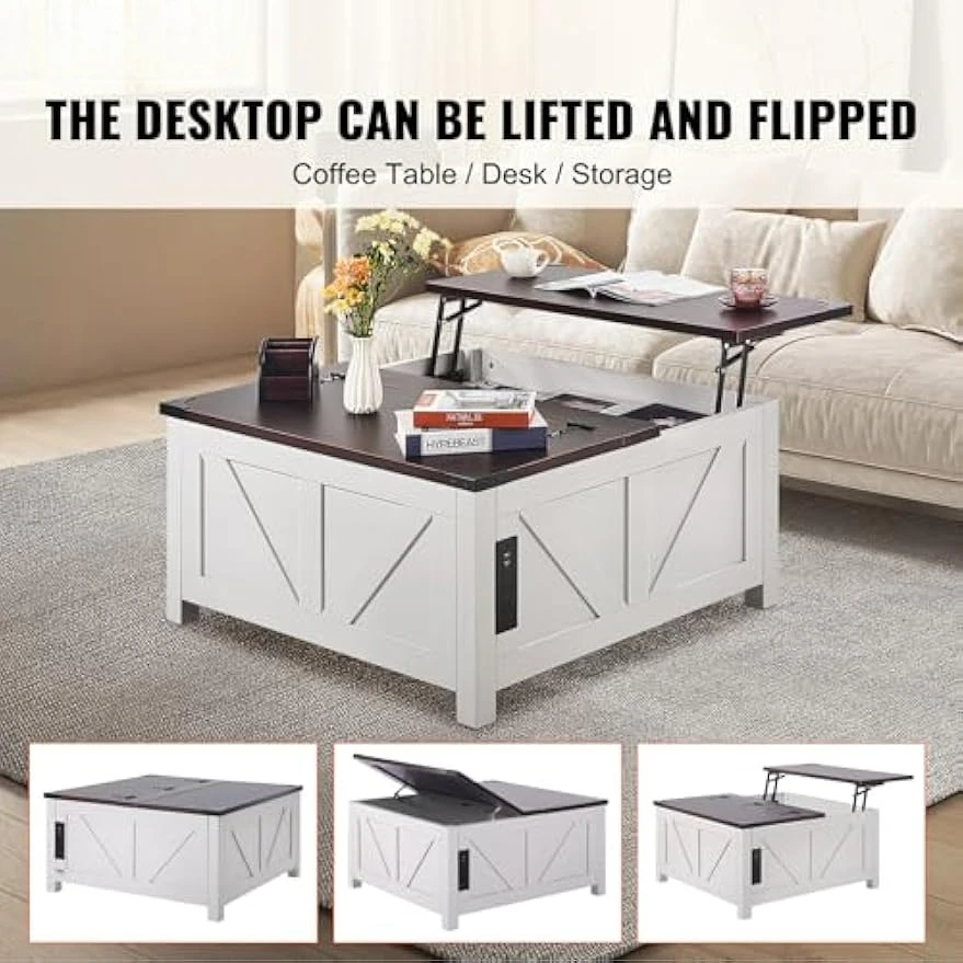 36" Farmhouse Coffee Table, Hinged Lift Top Square Coffee Table with Built-in Power Strip, Wooden Rustic Cocktail Table
