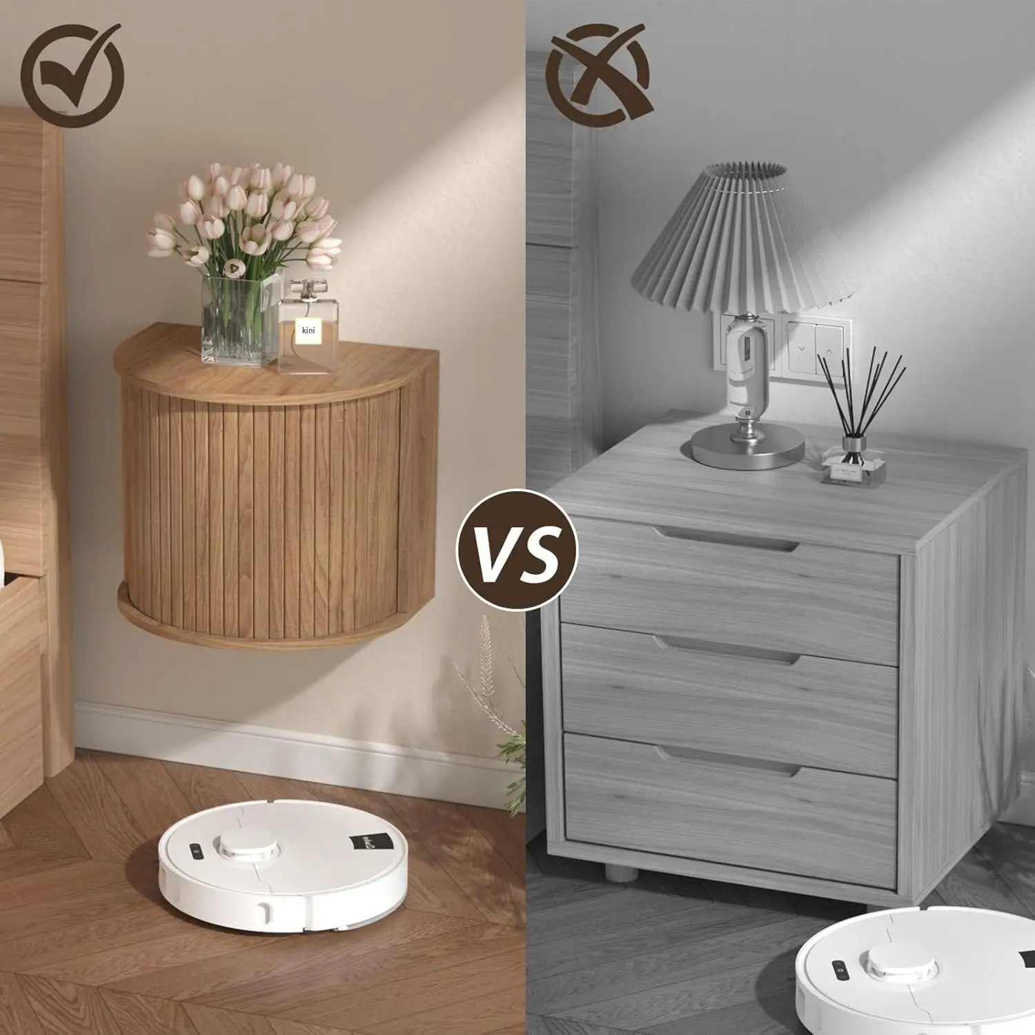 Floating Nightstand Set of 2 with Sliding Door Storage,Wall Mounted,Walnut