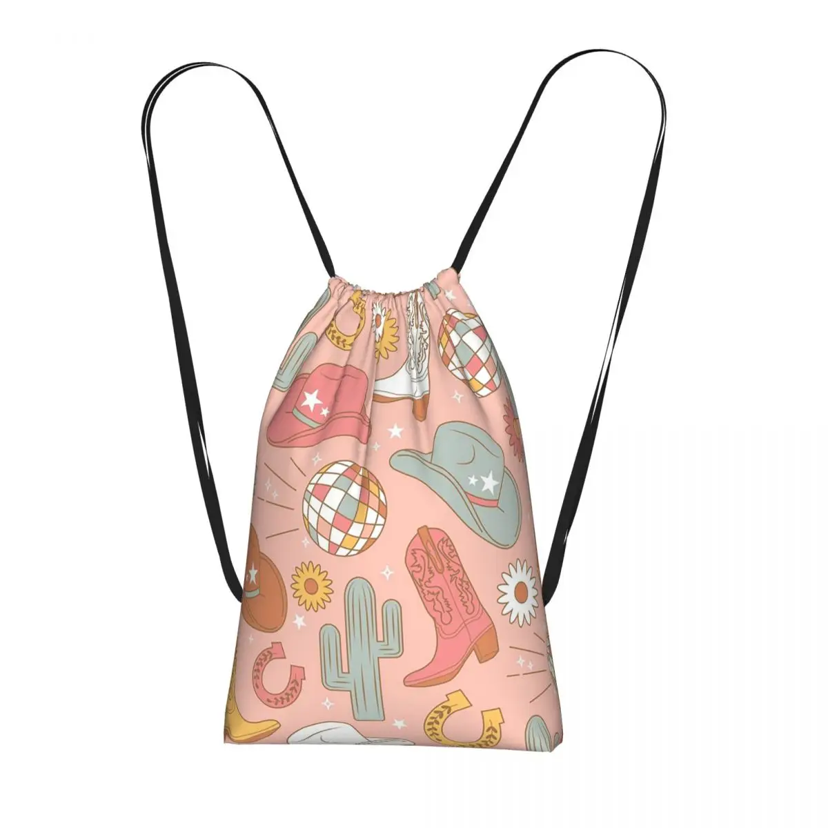 Western Cowboy Cactus Cow Head Floral Backpacks Casual Drawstring Bags Sundries Bag Book Bags for Travel School