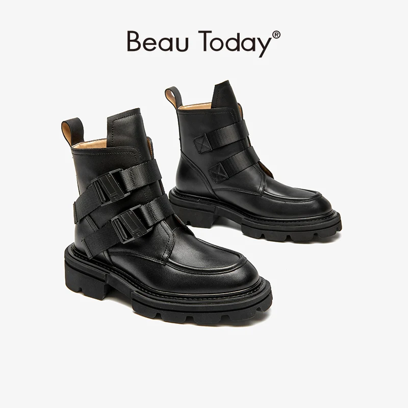 

BeauToday Ankle Boots Women Genuine Calfskin Buckle Strap Round Toe Platform Casual Spring Autumn Ladies Shoes Handmade 03A27