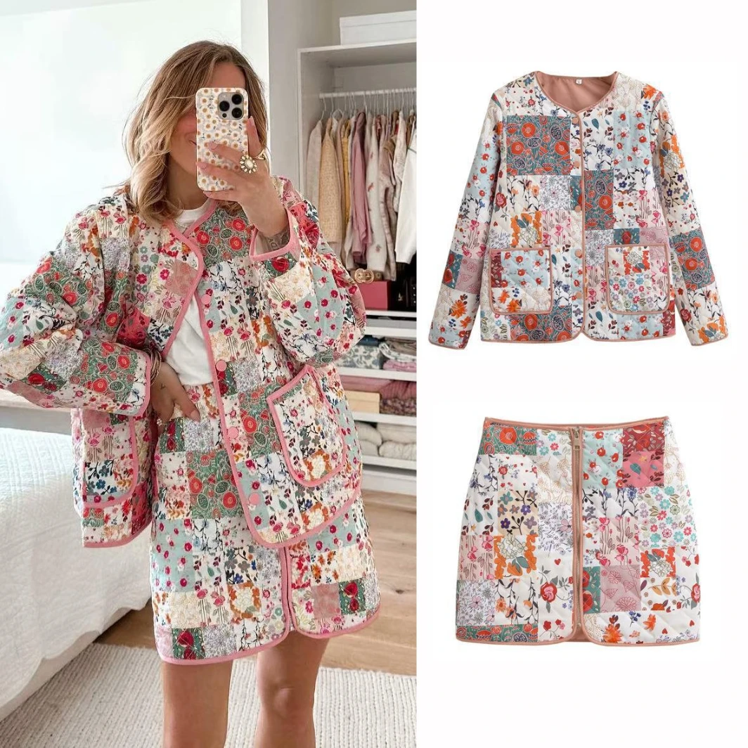 

Winter Print Cotton Jackets Womens Warmth Coat Vintage Quilted Jacket Casual Flower Outerwears Three Piece Sets Womens Outifits