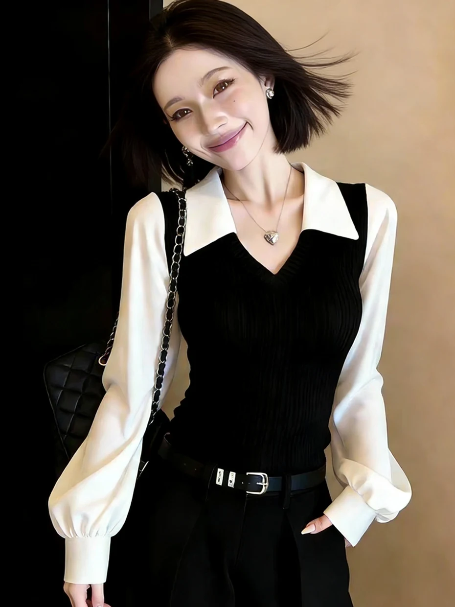 

Slim Fit Black Shirt with Lantern Sleeves And Collar Splicing Women's Spring Fashion Elegant Old Money Style Top