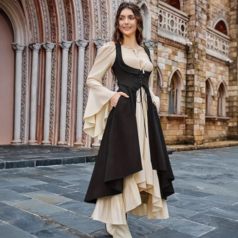 فستان عصر النهضة النسائي مع مشد تحت الصدر - فستان عصور الوسطى بحاشية عالية ومنخفضة للحفلات التنكرية والمهرجانات والحفلات ذات الطابع الشخصي