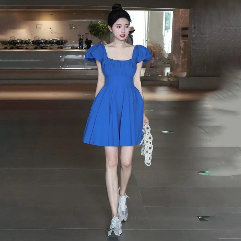 

Blue Fashion Evening Dress New Empire Short Sleeves Square Collar Knee-Length Simple Pleat A-Line Woman Formal Party Gown A2527