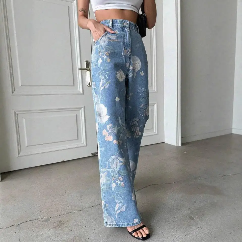 Wide Leg Pants Women Jeans Washed High Waist Flower Print Denims Vintage Distressed Straight Trousers Streetwear Floor Length
