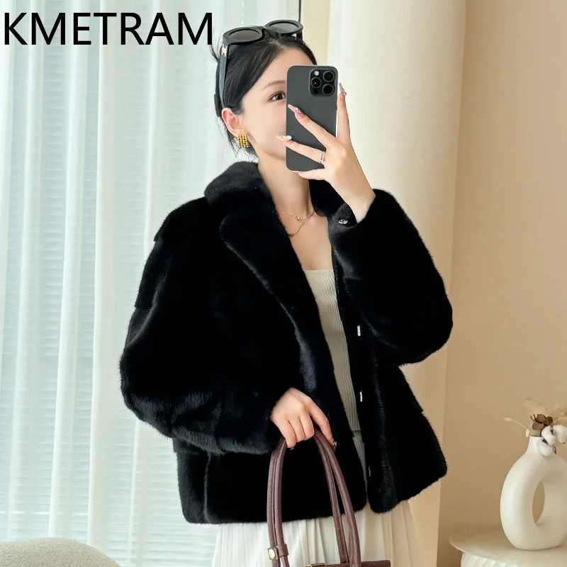 سترة KMETRAM 100% من فرو المنك بالكامل بدلة نسائية بياقة قصيرة سترات من الفرو الحقيقي باللون الأسود لشتاء 2025 جديدة في معاطف ملابس نسائية شوروبا