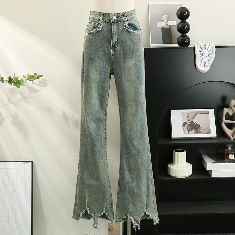 

Fashion Women Flare Jeans 2023 Harajuku Style High Waist Burrs Trousers All-Match Retro Slim Denim Pants