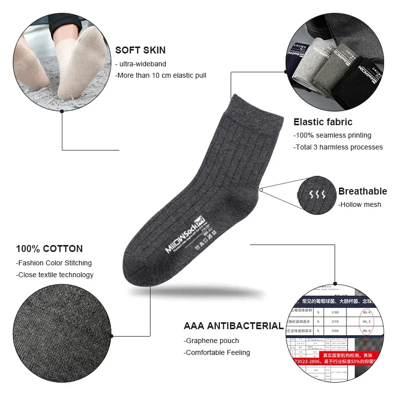 MiiOW 5 Pairs Men\'s Cotton Socks Black Business Men Deodorant Crew Socks Breathable Male Solid Color Casual Man Socks Plus Size