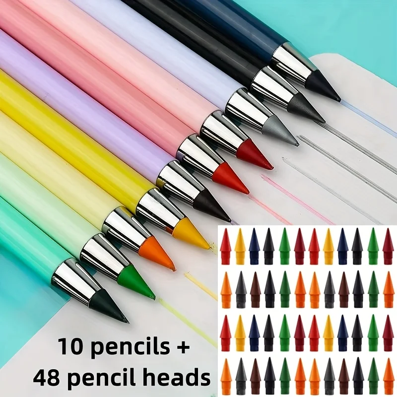 10PCS Pencils + 48PCS Pencil Leads, Eternal Pencil Latest Version, Swap Color or HB Pencils, Ideal for Drawing and Writing.
